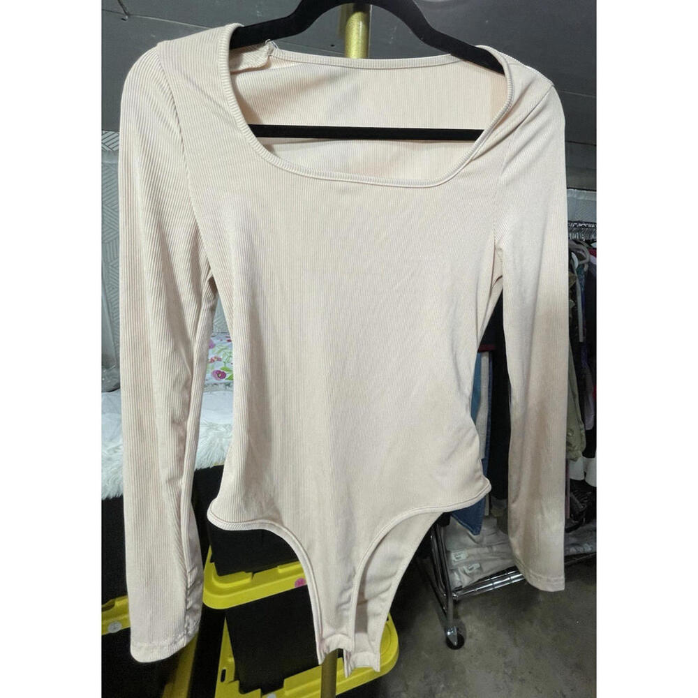 Shein Bodysuit Women's Size Medium Light Beige Stretch Long Sleeve